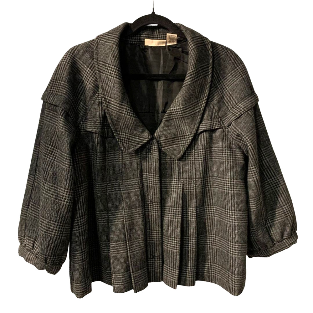 DKNY Women's Cropped Plaid Swing Jacket Size L Black White Twee Houndstooth